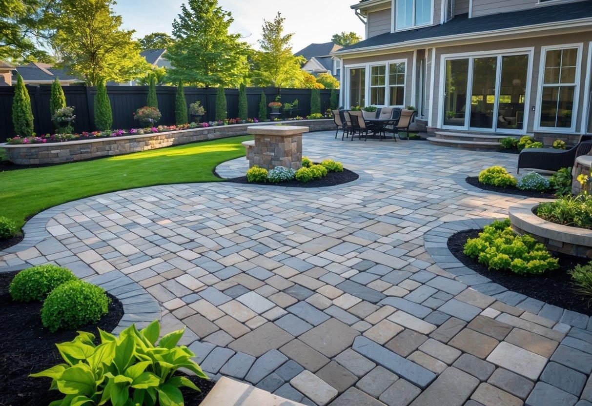 Example paver patio and stone retaining wall style
